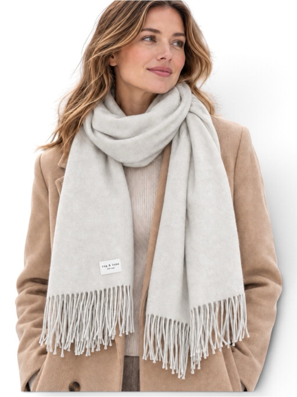 Rag & Bone Addison Recycled Wool Fringe Scarf Ivory Gray Colorway NWOT